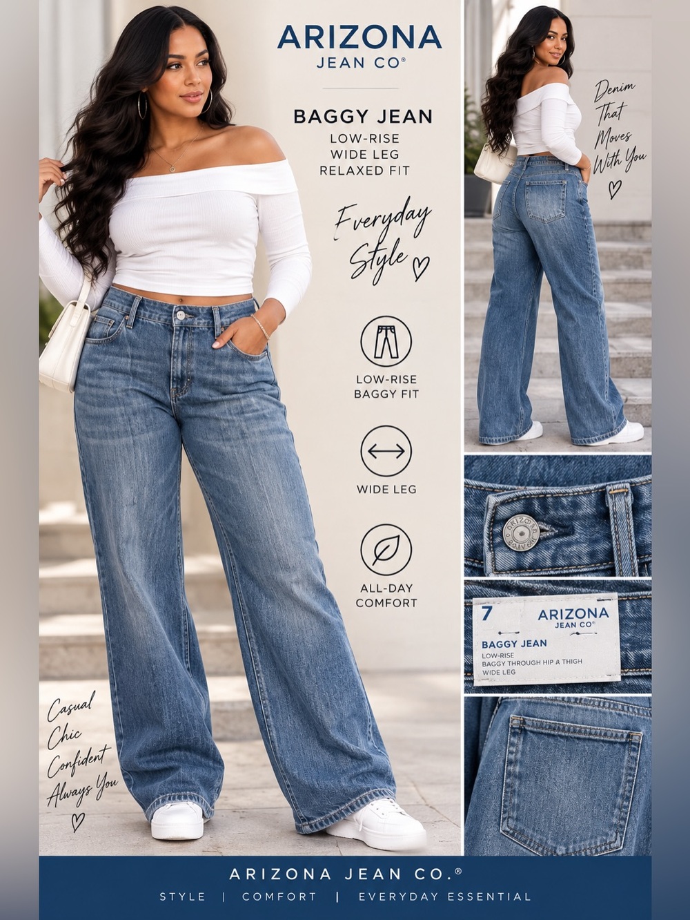 Arizona Jean Company Medium Blue Wash Baggy Low-Rise Wide-Leg Jeans